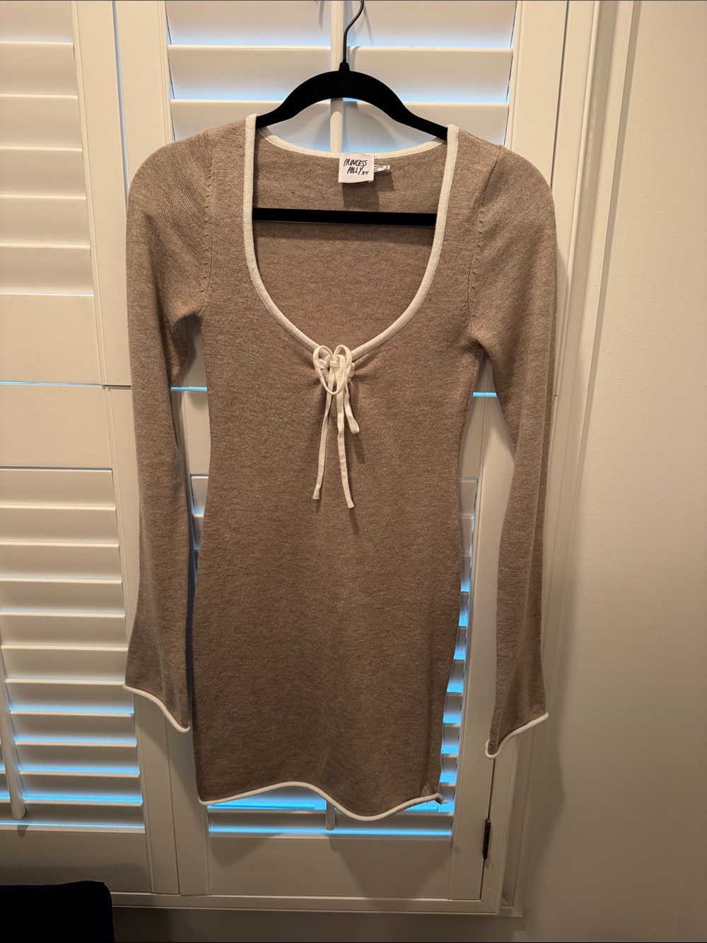 Princess Polly Taupe Scoop Neck Tie-Front Knit Dress